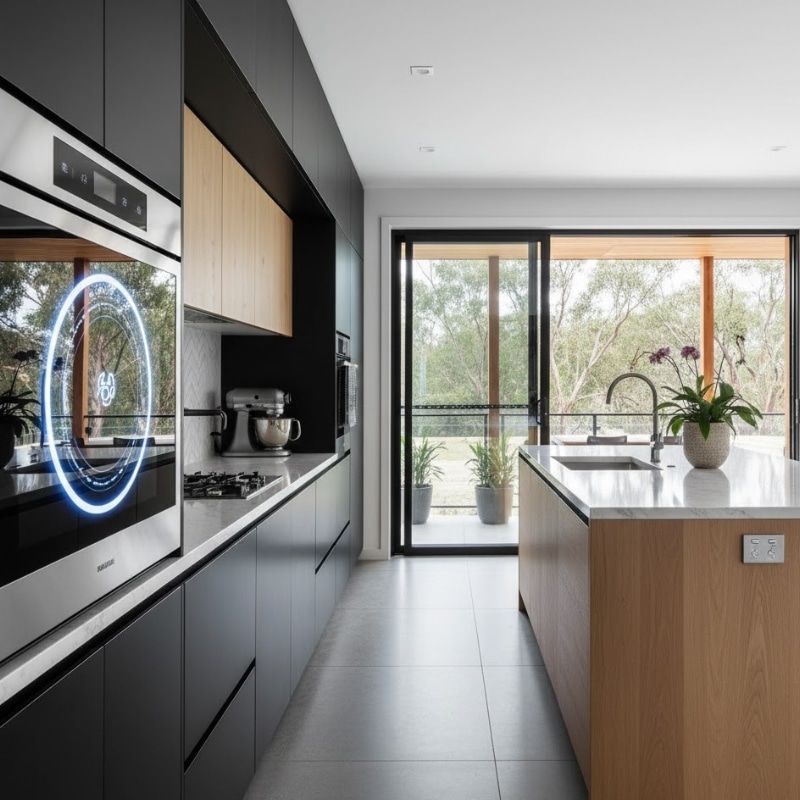 2026 smart microwave with modern design and touchscreen controls in an Australian kitchen.