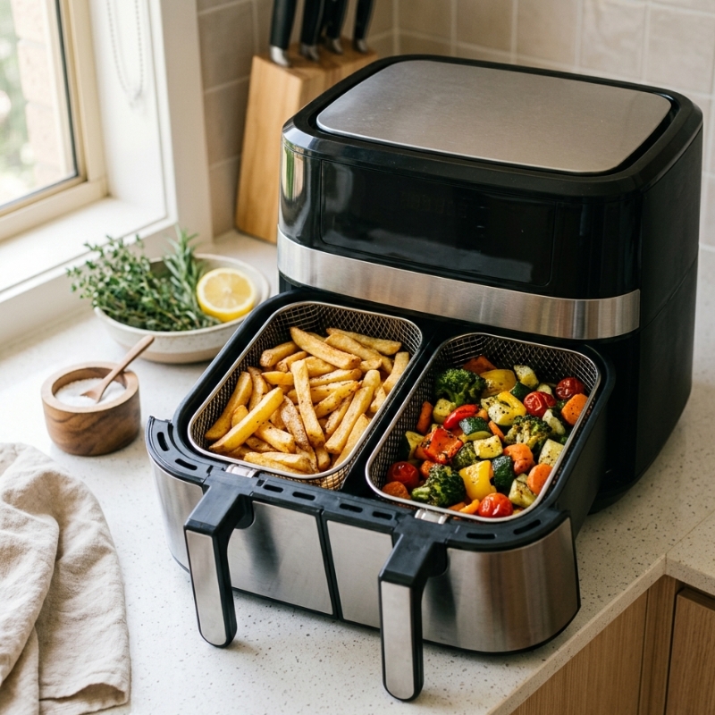Side-by-side comparison of oil-free vegetables and lightly oiled crispy chips cooked in a bench-top convection cooker in an Australian kitchen