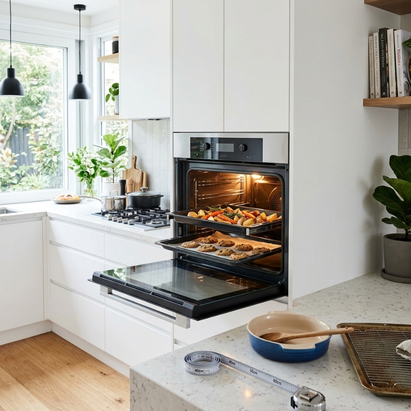 Built-in kitchen oven with baking trays and a measuring tape showing how to choose oven size and capacity