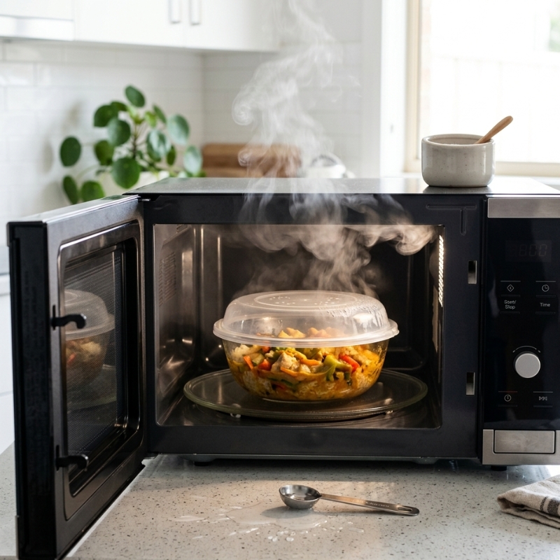 Microwave wattage and power levels explained with leftovers reheating evenly in a glass bowl under a vented cover.