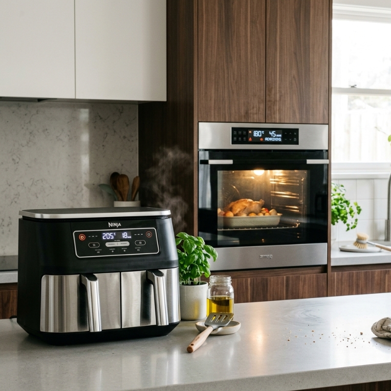 Bench-top air fryer and electric oven running side by side in Australian kitchen.