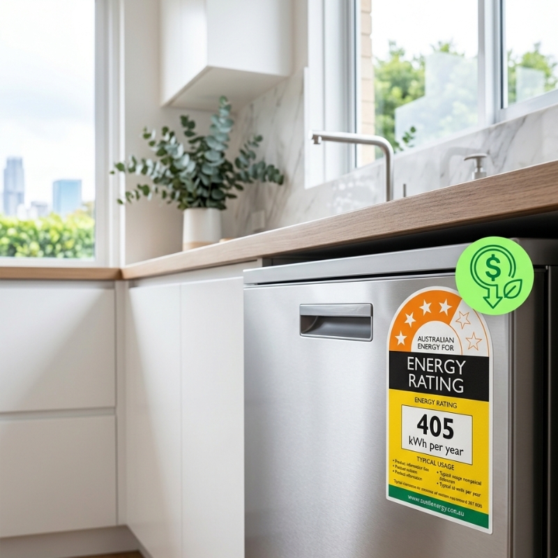 Australian Energy Star rating label on household appliances showing energy efficiency stars and annual electricity cost