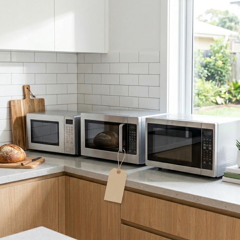 Three different microwave sizes and wattages on a modern Australian kitchen bench.